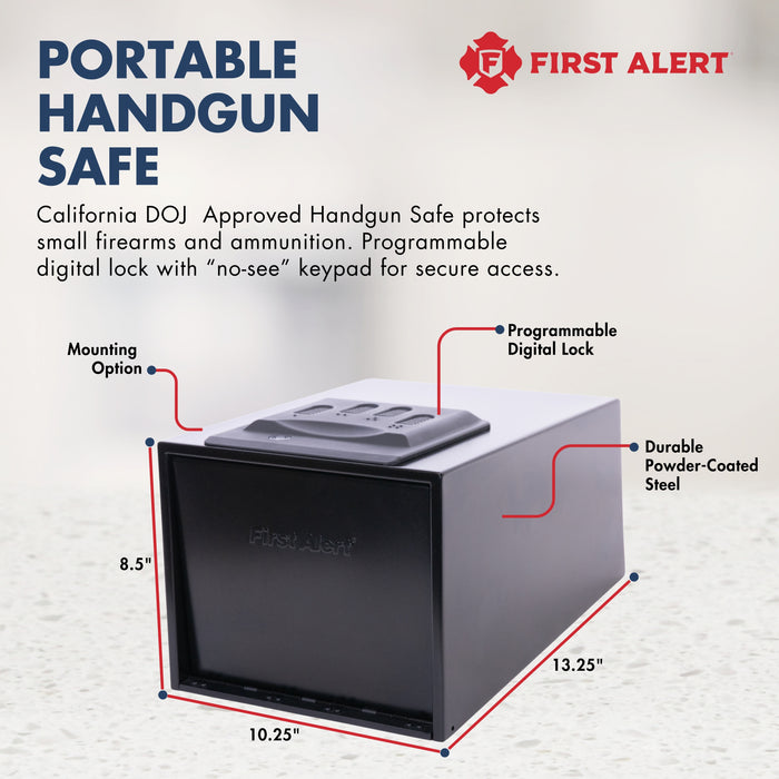 First Alert Extra Large Quick Access Hand gun safe w/Spring loaded door. Features digital electronic lock and Emergency Access Override Key, anti-pry edges, anchoring holes, made from 18-gauge powder coated steel.  Model 5400DF