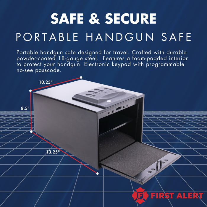 First Alert Extra Large Quick Access Hand gun safe w/Spring loaded door. Features digital electronic lock and Emergency Access Override Key, anti-pry edges, anchoring holes, made from 18-gauge powder coated steel.  Model 5400DF