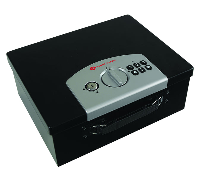 First Alert Fire Retardant Cash Security Box, Features Digital Electronic Lock and Emergency Access Override Key, made from powder coated steel.  Model 3035DF