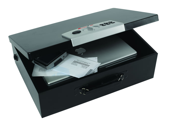 First Alert Fire Retardant Cash Security Box, Features Digital Electronic Lock and Emergency Access Override Key, made from powder coated steel.  Model 3035DF