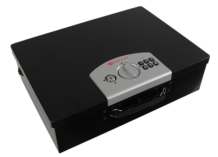 First Alert Fire Retardant Cash Security Box or Laptop and Tablet Safe. Features Digital Electronic Lock and Emergency Access Override Key, made from powder coated steel.  Includes tethering cable for added office or dorm room security.  Model 3040DF