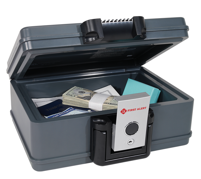 First Alert Fireproof and Waterproof Security Safe, .17 CU FT, 30 Minute Fire rating @ 1550, Fire Proof UL Rated Fire Chest. Features single latch design with push button and key lock. Model 2011F