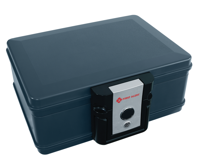 First Alert Fireproof and Waterproof Security Safe, .17 CU FT, 30 Minute Fire rating @ 1550, Fire Proof UL Rated Fire Chest.  Features single latch design with push button and key lock. Model 2013F