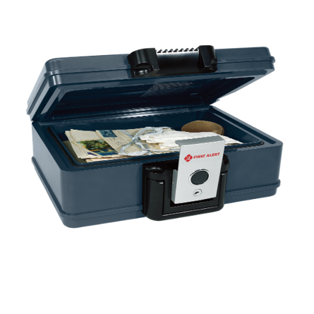 First Alert Fireproof and Waterproof Security Safe, .17 CU FT, 30 Minute Fire rating @ 1550, Fire Proof UL Rated Fire Chest.  Features single latch design with push button and key lock. Model 2013F