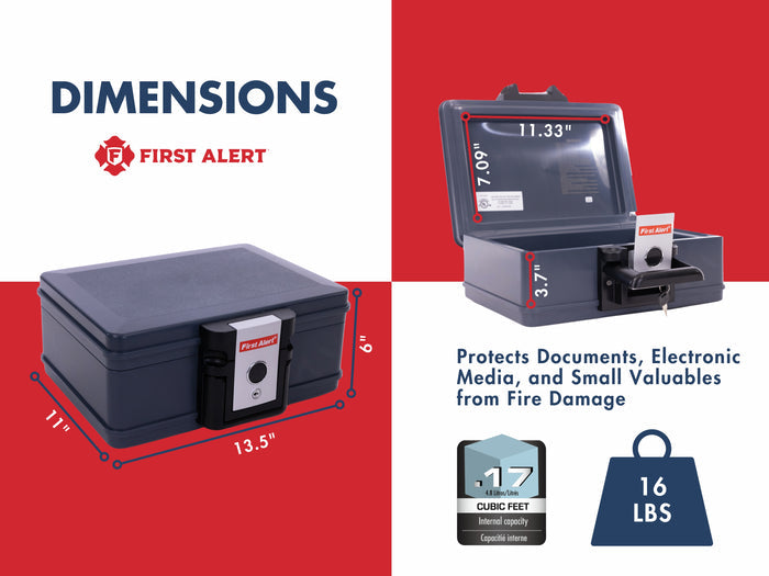 First Alert Fireproof and Waterproof Security Safe, .17 CU FT, 30 Minute Fire rating @ 1550, Fire Proof UL Rated Fire Chest. Features single latch design with push button and key lock. Model 2011F