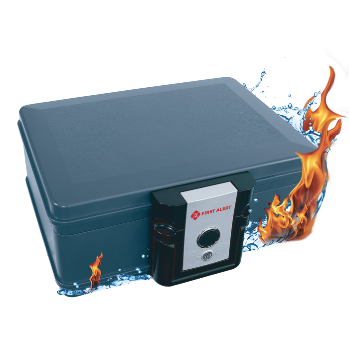 First Alert Fireproof and Waterproof Security Safe, .17 CU FT, 30 Minute Fire rating @ 1550, Fire Proof UL Rated Fire Chest.  Features single latch design with push button and key lock. Model 2013F