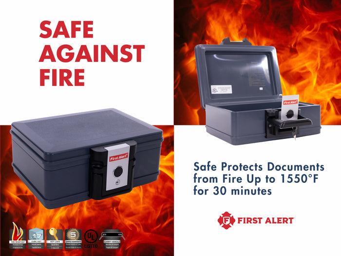 First Alert Fireproof and Waterproof Security Safe, .17 CU FT, 30 Minute Fire rating @ 1550, Fire Proof UL Rated Fire Chest. Features single latch design with push button and key lock. Model 2011F