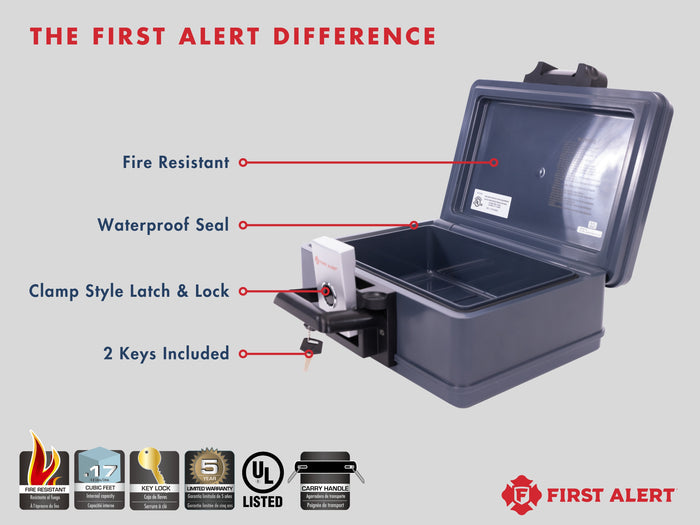 First Alert Fireproof and Waterproof Security Safe, .17 CU FT, 30 Minute Fire rating @ 1550, Fire Proof UL Rated Fire Chest.  Features single latch design with push button and key lock. Model 2013F