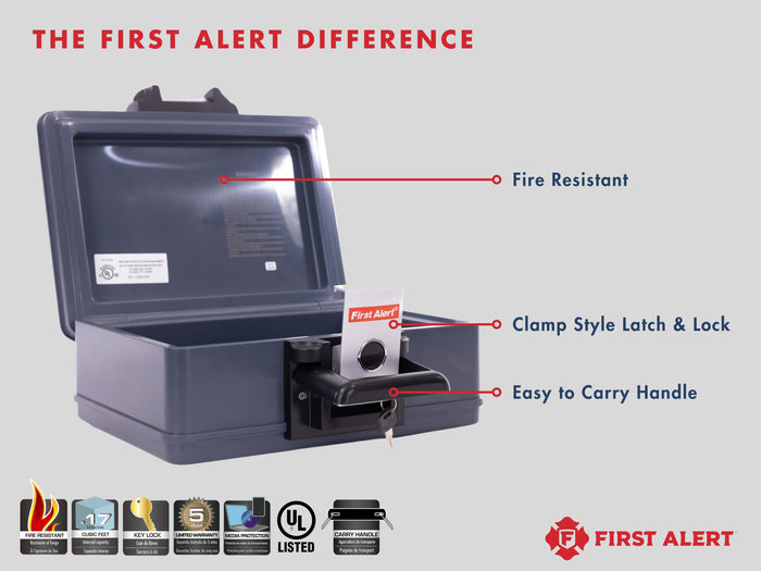 First Alert Fireproof and Waterproof Security Safe, .17 CU FT, 30 Minute Fire rating @ 1550, Fire Proof UL Rated Fire Chest. Features single latch design with push button and key lock. Model 2011F