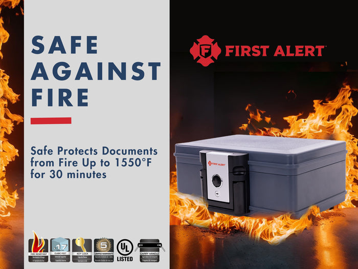 First Alert Fireproof and Waterproof Security Safe, .17 CU FT, 30 Minute Fire rating @ 1550, Fire Proof UL Rated Fire Chest.  Features single latch design with push button and key lock. Model 2013F
