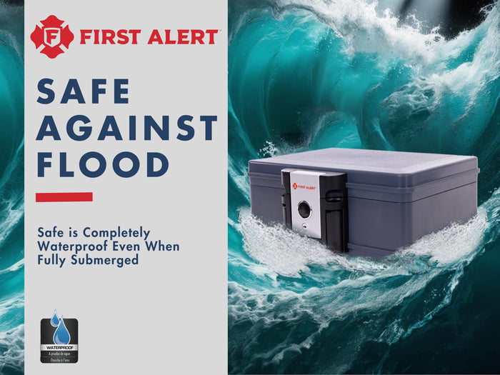 First Alert Fireproof and Waterproof Security Safe, .17 CU FT, 30 Minute Fire rating @ 1550, Fire Proof UL Rated Fire Chest.  Features single latch design with push button and key lock. Model 2013F