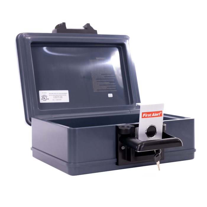 First Alert Fireproof and Waterproof Security Safe, .17 CU FT, 30 Minute Fire rating @ 1550, Fire Proof UL Rated Fire Chest. Features single latch design with push button and key lock. Model 2011F