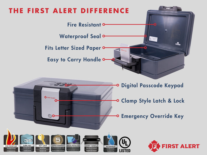 First Alert Fireproof and Waterproof Security Safe, .19 CU FT, 30 Minute Fire rating @ 1550, Fire Proof UL Rated Fire Chest.  Features Digital Lock & Emergency Access Override Key. Model 2601DF