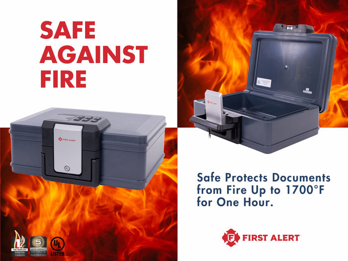 First Alert Fireproof and Waterproof Security Safe, .19 CU FT, 30 Minute Fire rating @ 1550, Fire Proof UL Rated Fire Chest.  Features Digital Lock & Emergency Access Override Key. Model 2601DF