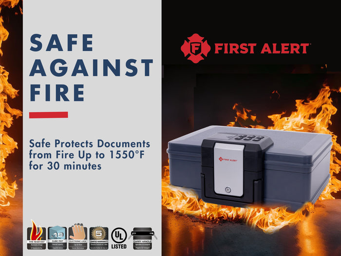First Alert Fireproof and Waterproof Security Safe, .19 CU FT, 30 Minute Fire rating @ 1550, Fire Proof UL Rated Fire Chest.  Features Digital Lock & Emergency Access Override Key. Model 2601DF