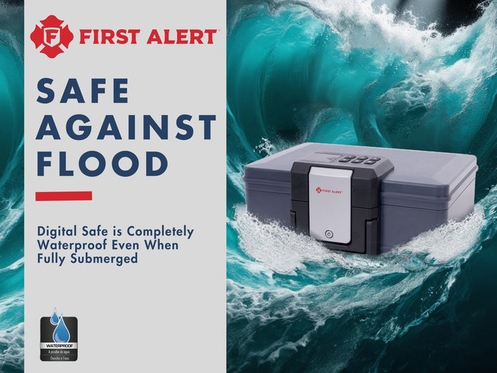 First Alert Fireproof and Waterproof Security Safe, .19 CU FT, 30 Minute Fire rating @ 1550, Fire Proof UL Rated Fire Chest.  Features Digital Lock & Emergency Access Override Key. Model 2601DF