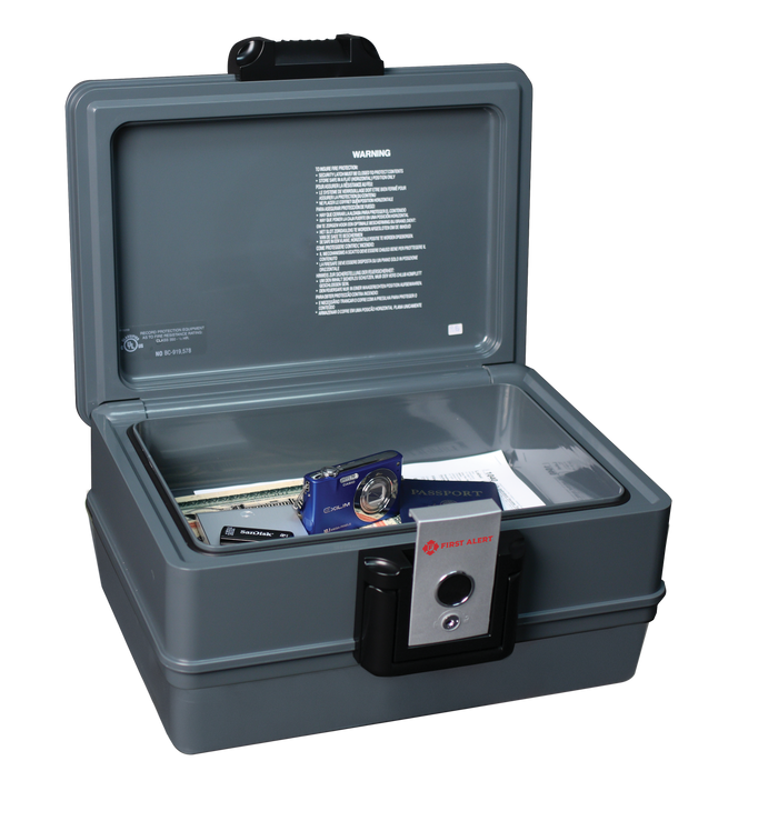 First Alert Fireproof and  Waterproof Security Safe, .39 CU FT, 30 Minute Fire Rating @ 1550, Fire Proof UL Rated Fire Chest. Features single latch design with push button and key lock. Model 2030F