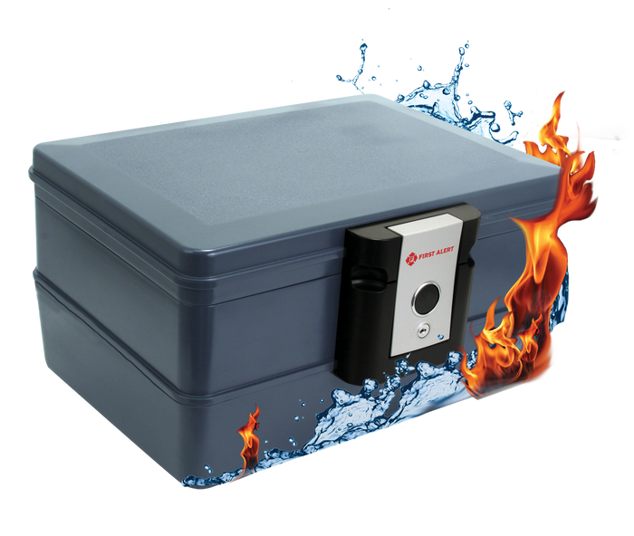 First Alert Fireproof and  Waterproof Security Safe, .39 CU FT, 30 Minute Fire Rating @ 1550, Fire Proof UL Rated Fire Chest. Features single latch design with push button and key lock. Model 2030F