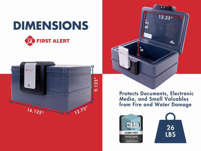 First Alert Fireproof and Waterproof Security Safe, .39 CU FT, 30 Minute Fire rating @ 1550, Fire Proof UL Rated Fire Chest.  Features Digital Lock & Emergency Access Override Key. Model 2602DF