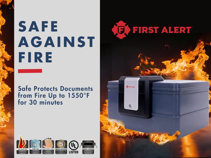 First Alert Fireproof and Waterproof Security Safe, .39 CU FT, 30 Minute Fire rating @ 1550, Fire Proof UL Rated Fire Chest.  Features Digital Lock & Emergency Access Override Key. Model 2602DF