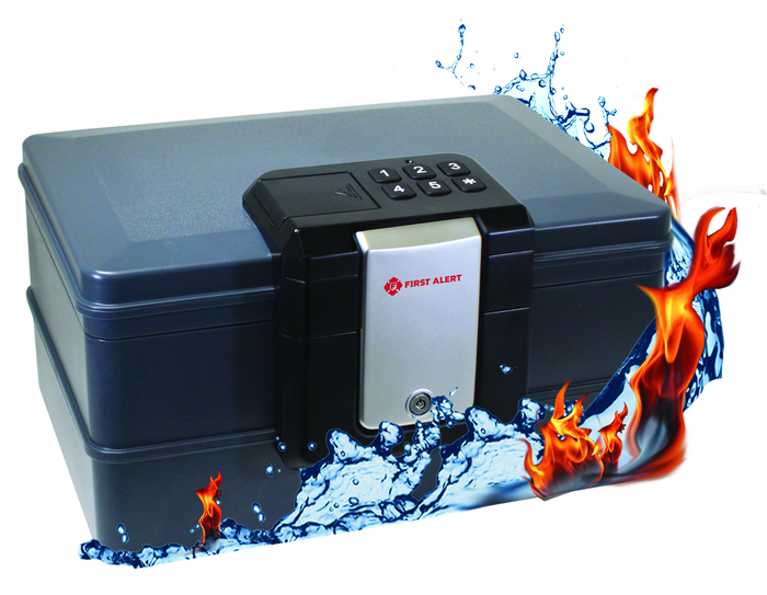 First Alert Fireproof and  Waterproof Security Safe, .39 CU FT, 30 Minute Fire Rating @ 1550, Fire Proof UL Rated Fire Chest. Features single latch design with push button and key lock. Model 2030F