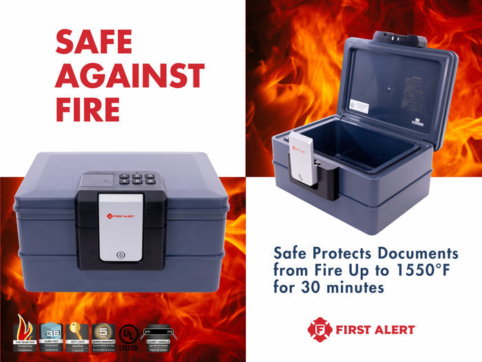 First Alert Fireproof and Waterproof Security Safe, .39 CU FT, 30 Minute Fire rating @ 1550, Fire Proof UL Rated Fire Chest.  Features Digital Lock & Emergency Access Override Key. Model 2602DF