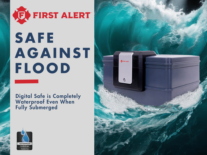 First Alert Fireproof and Waterproof Security Safe, .39 CU FT, 30 Minute Fire rating @ 1550, Fire Proof UL Rated Fire Chest.  Features Digital Lock & Emergency Access Override Key. Model 2602DF