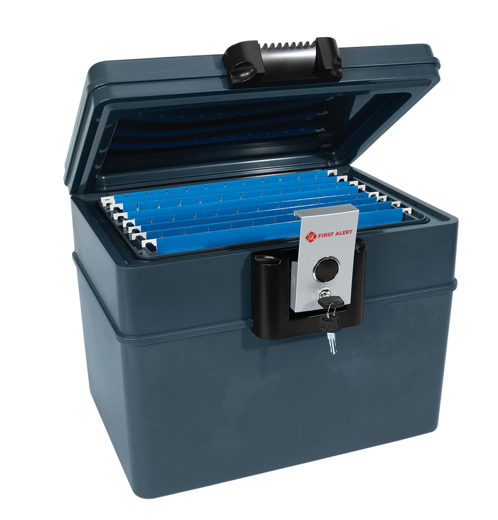 First Alert Fireproof and  Waterproof Security Safe, .62 CU FT, 30 Minute Fire Rating @ 1550, Fire Proof UL Rated Fire Chest. Features single latch design with push button and key lock. Model 2037F