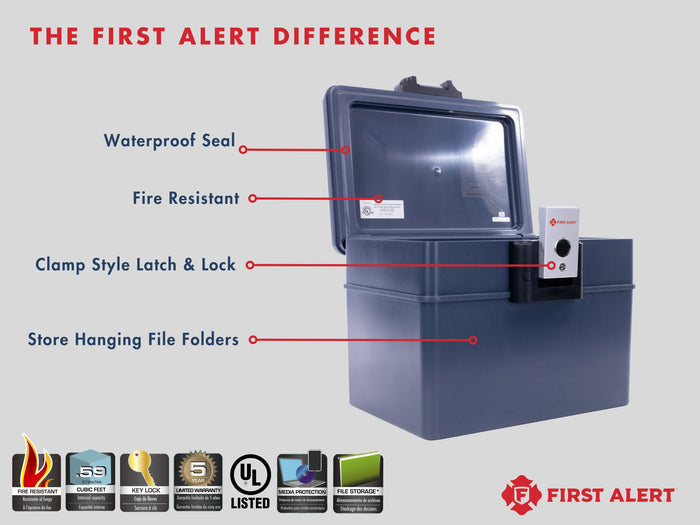First Alert Fireproof and  Waterproof Security Safe, .62 CU FT, 30 Minute Fire Rating @ 1550, Fire Proof UL Rated Fire Chest. Features single latch design with push button and key lock. Model 2037F
