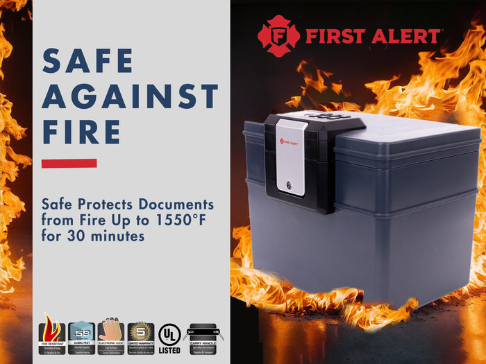 First Alert Fireproof and Waterproof Security Safe, .62 CU FT, 30 Minute Fire rating @ 1550, Fire Proof UL Rated Fire Chest.  Features Digital Lock & Emergency Access Override Key. Model 2603DF