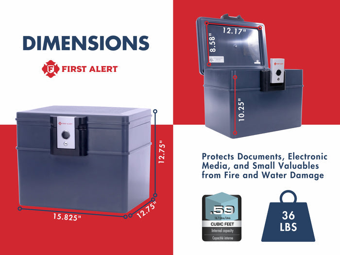 First Alert Fireproof and  Waterproof Security Safe, .62 CU FT, 30 Minute Fire Rating @ 1550, Fire Proof UL Rated Fire Chest. Features single latch design with push button and key lock. Model 2037F