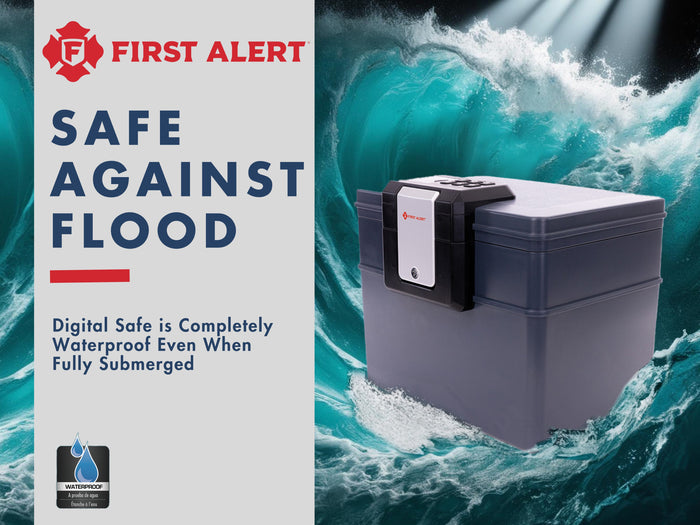 First Alert Fireproof and Waterproof Security Safe, .62 CU FT, 30 Minute Fire rating @ 1550, Fire Proof UL Rated Fire Chest.  Features Digital Lock & Emergency Access Override Key. Model 2603DF