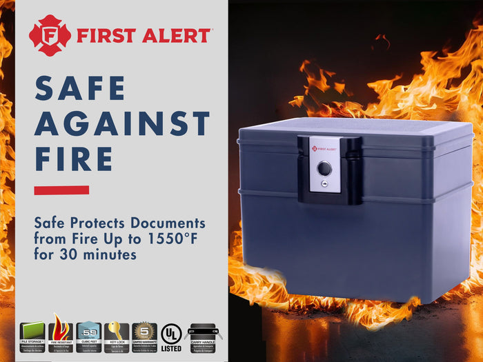 First Alert Fireproof and  Waterproof Security Safe, .62 CU FT, 30 Minute Fire Rating @ 1550, Fire Proof UL Rated Fire Chest. Features single latch design with push button and key lock. Model 2037F