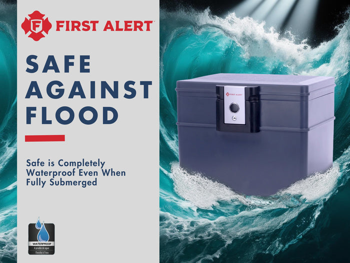 First Alert Fireproof and  Waterproof Security Safe, .62 CU FT, 30 Minute Fire Rating @ 1550, Fire Proof UL Rated Fire Chest. Features single latch design with push button and key lock. Model 2037F