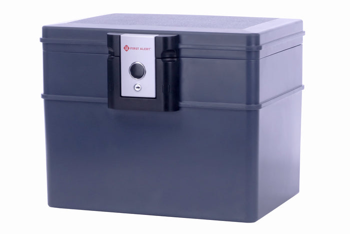 First Alert Fireproof and  Waterproof Security Safe, .62 CU FT, 30 Minute Fire Rating @ 1550, Fire Proof UL Rated Fire Chest. Features single latch design with push button and key lock. Model 2037F