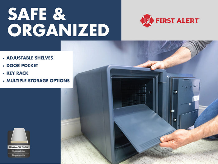 First Alert Fireproof and Waterproof Security Safe, .92 CU FT, 1 Hour Fire Rating @ 1700, Fire Proof UL Rated Fire Safe.  Features Mechanical Combinaion Lock w/ Emergency Access Override Key. Model 2087F