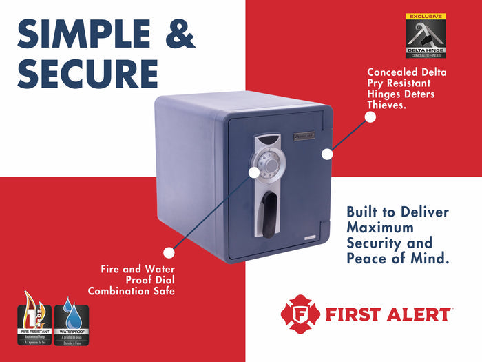 First Alert Fireproof and Waterproof Security Safe, .92 CU FT, 1 Hour Fire Rating @ 1700, Fire Proof UL Rated Fire Safe.  Features Mechanical Combinaion Lock w/ Emergency Access Override Key. Model 2087F