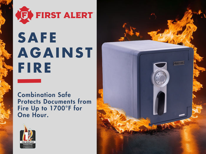 First Alert Fireproof and Waterproof Security Safe, .92 CU FT, 1 Hour Fire Rating @ 1700, Fire Proof UL Rated Fire Safe.  Features Mechanical Combinaion Lock w/ Emergency Access Override Key. Model 2087F