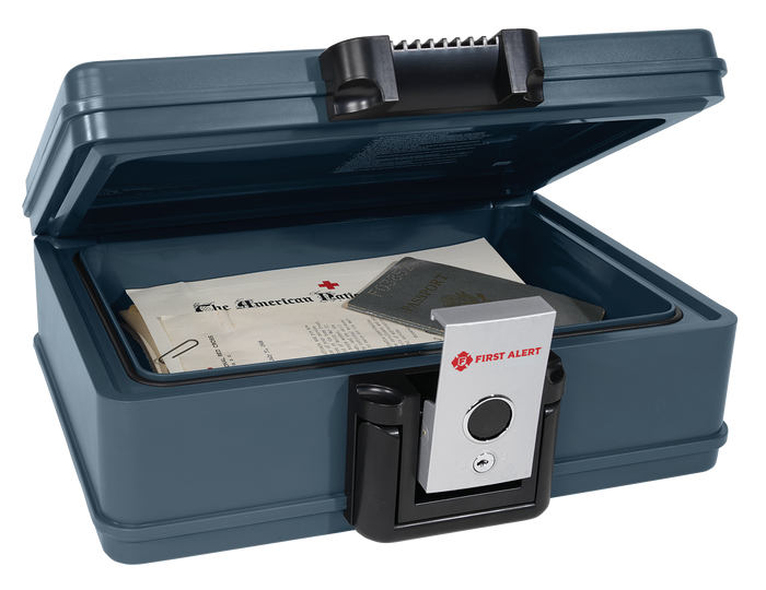 First Alert Fireproof and Waterproof Secutiry Safe, .19 CU FT, 30 Minute Fire Rating @ 1550, . Fire Proof UL Rated Fire Chest. Features single latch design with push button and key lock. Model 2017F