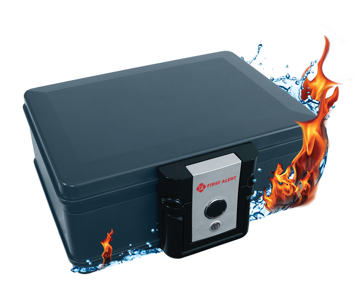 First Alert Fireproof and Waterproof Secutiry Safe, .19 CU FT, 30 Minute Fire Rating @ 1550, . Fire Proof UL Rated Fire Chest. Features single latch design with push button and key lock. Model 2017F