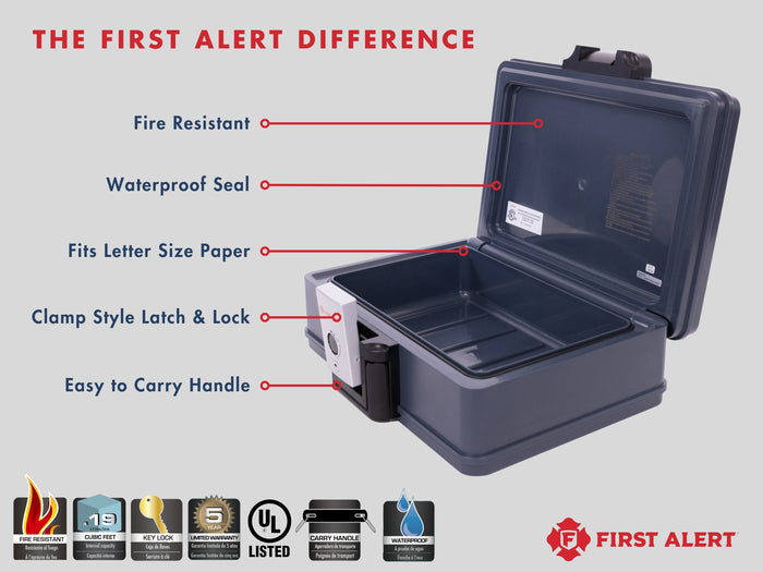 First Alert Fireproof and Waterproof Secutiry Safe, .19 CU FT, 30 Minute Fire Rating @ 1550, . Fire Proof UL Rated Fire Chest. Features single latch design with push button and key lock. Model 2017F