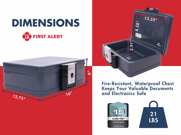 First Alert Fireproof and Waterproof Secutiry Safe, .19 CU FT, 30 Minute Fire Rating @ 1550, . Fire Proof UL Rated Fire Chest. Features single latch design with push button and key lock. Model 2017F