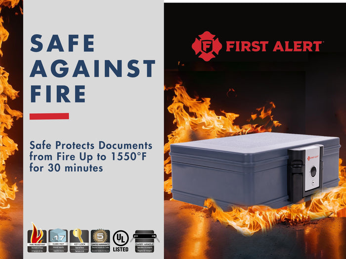 First Alert Fireproof and Waterproof Secutiry Safe, .19 CU FT, 30 Minute Fire Rating @ 1550, . Fire Proof UL Rated Fire Chest. Features single latch design with push button and key lock. Model 2017F