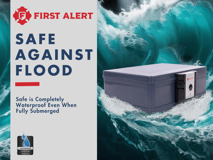 First Alert Fireproof and Waterproof Secutiry Safe, .19 CU FT, 30 Minute Fire Rating @ 1550, . Fire Proof UL Rated Fire Chest. Features single latch design with push button and key lock. Model 2017F