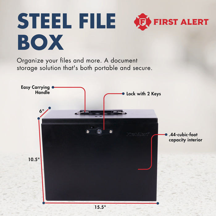 First Alert Letter Size Hanging File Locking Security Box. Made from durable 18 gauge powder coated steel with Conventient Carry Handle.  Model 3050F