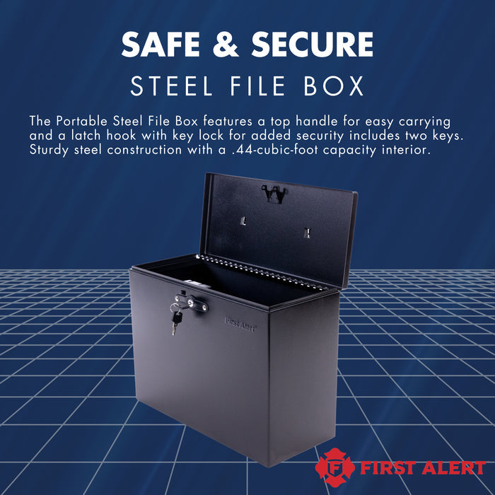 First Alert Letter Size Hanging File Locking Security Box. Made from durable 18 gauge powder coated steel with Conventient Carry Handle.  Model 3050F