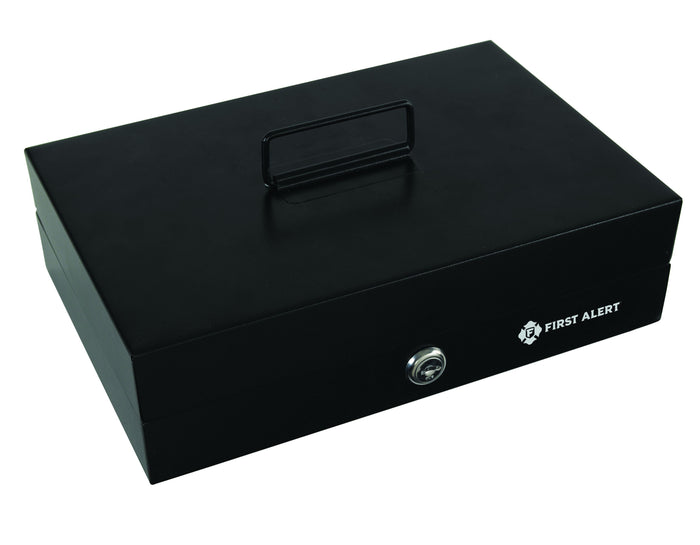 First Alert Locking Cash Security Box, made from 18 gauge powder coated steel. Comes with Removable 7 compartment cash tray and 4 spring loaded money clips.  Model 3026F