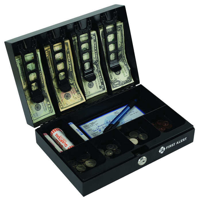 First Alert Locking Cash Security Box, made from 18 gauge powder coated steel. Comes with Removable 7 compartment cash tray and 4 spring loaded money clips.  Model 3026F