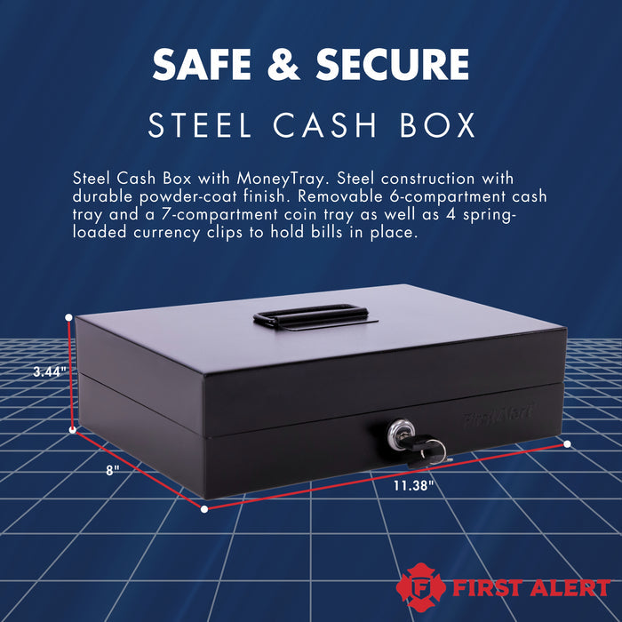 First Alert Locking Cash Security Box, made from 18 gauge powder coated steel. Comes with Removable 7 compartment cash tray and 4 spring loaded money clips.  Model 3026F