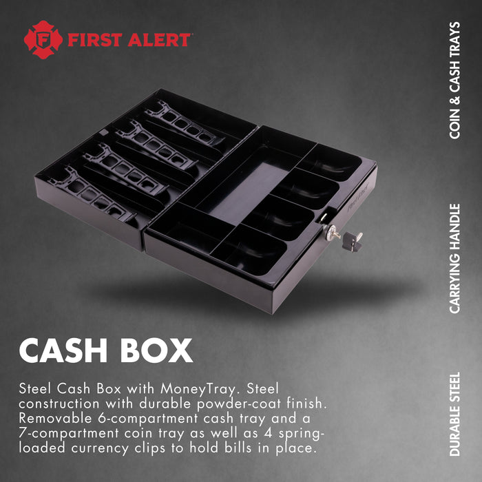 First Alert Locking Cash Security Box, made from 18 gauge powder coated steel. Comes with Removable 7 compartment cash tray and 4 spring loaded money clips.  Model 3026F